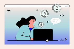 illustration of woman on laptop and bitcoin