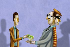 illustration of man handing over money to two-faced man looking trustworthy on one side and like a thief on the other