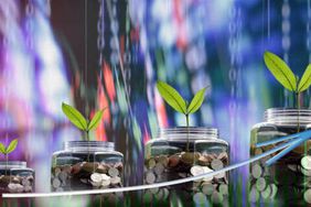 Four coin-filled, graduated-sized jars with seedlings that represent the steps to estimating your retirement needs