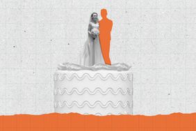 Illustration of a wedding cake with a bride doll on top