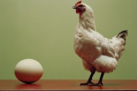 Chicken standing on table by large egg