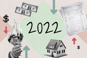 An illustration shows a handful of cash aflame, a house, a stack of tax filing papers, and a couple of dollar bills.