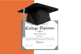 Illustration of a college diploma and graduation cap