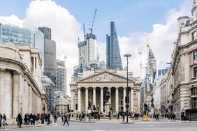 Street in London with Royal Exchange and Bank of England