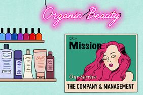 Image shows a wall in a beauty salon. There are nail polishes and hair products on a shelf to the left. There is a neon sign that read "Organic beauty", and a posted of a girl with long, hot pink hair. On the poster, it reads: "Our mission, our service, the company & management"