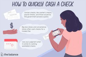 Image shows a woman depositing a check on her phone. Text reads: "How to quickly cash a check: certain checks, like cashier's checks, payroll checks, and those issued by the government process quickly. Big-box stores and convenience stores often cash checks for a modest fee; use your judgement when it comes to cashing postdated checks"
