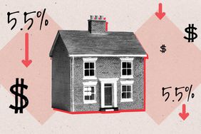 A home is surrounded by downward arrows, money signs and 5.5%.