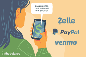 Image shows a woman looking at her phone and it has a dollar sign on it. There is a speech bubble coming out that says "thank you for your purchase of a sweater." The text on the side is the names of payment apps such as zelle, paypal, and venmo.