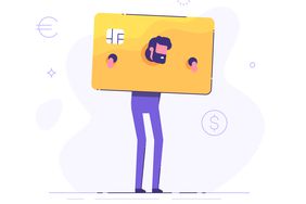 Illustration of man trapped in credit card holding him like the pillory