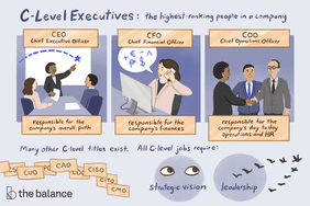 Title reads: "C-Level Executives: the highest ranking people in a company. Many other C-level titles exist. All c-level jobs require: strategic vision and leadership" Image shows three scenarios and an attached job title and description. The first is labeled "CEO: Chief Executive Officer–responsible for the company's overall path." Image shows a woman giving a presentation to two others in a conference room. , "CFO: Chief Financial Officer–Responsible for the company's finances." Image shows a woman on the phone, in front of a computer, talking about various currencies. The third image reads: "COO: Chief operations officer–Responsible for the company's day-to-day operations and HR." Image shows three people two are shaking hands for the first time, and the other is facilitating.
