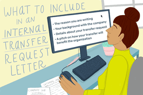 Image shows a woman sitting at a desk on her desktop computer. Text reads: "What to include in an internal transfer request letter: The reason you are writing, your background with the company, details about your transfer request, a pitch on how your transfer will benefit the organization"