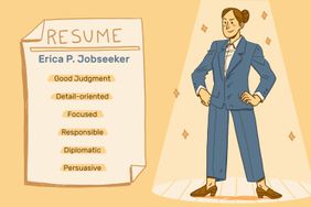 Image shows a woman wearing a blue suit and loafers, standing in a power stance under a spotlight. There is a large, human sized piece of paper next to the woman that says: "RESUME: Erica P. Jobseeker: Good judgement, detail-oriented, focused, responsible, diplomatic, persuasive"