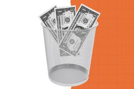 Illustration of dollar bills in a trash can