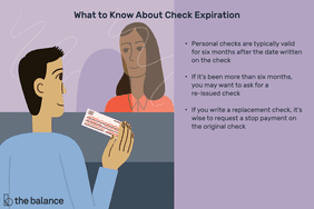 Image shows a man handing a bank teller a check. Text reads: "What to know about check expiration: personal checks are typically valid for six months after the date written on the check; if it's been more than six months, you may want to ask for a re-issued check; if you write a replacement check, it's wise to request a stop payment on the original check"