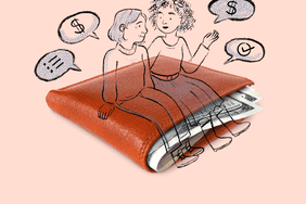 two people talking while sitting on a wallet