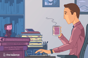 Image shows a man sitting at a desk drinking a cup of coffee with a stack of books next to him. The books are called "personal finances and you", "manager your money", and "how to win the personal finance game"