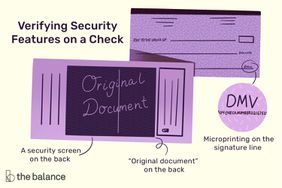 Image shows the front and back of a check. Text reads: Verifying Security Features on a Check. Microprinting on the signature line, a security screen on the back, and original document on the back. 