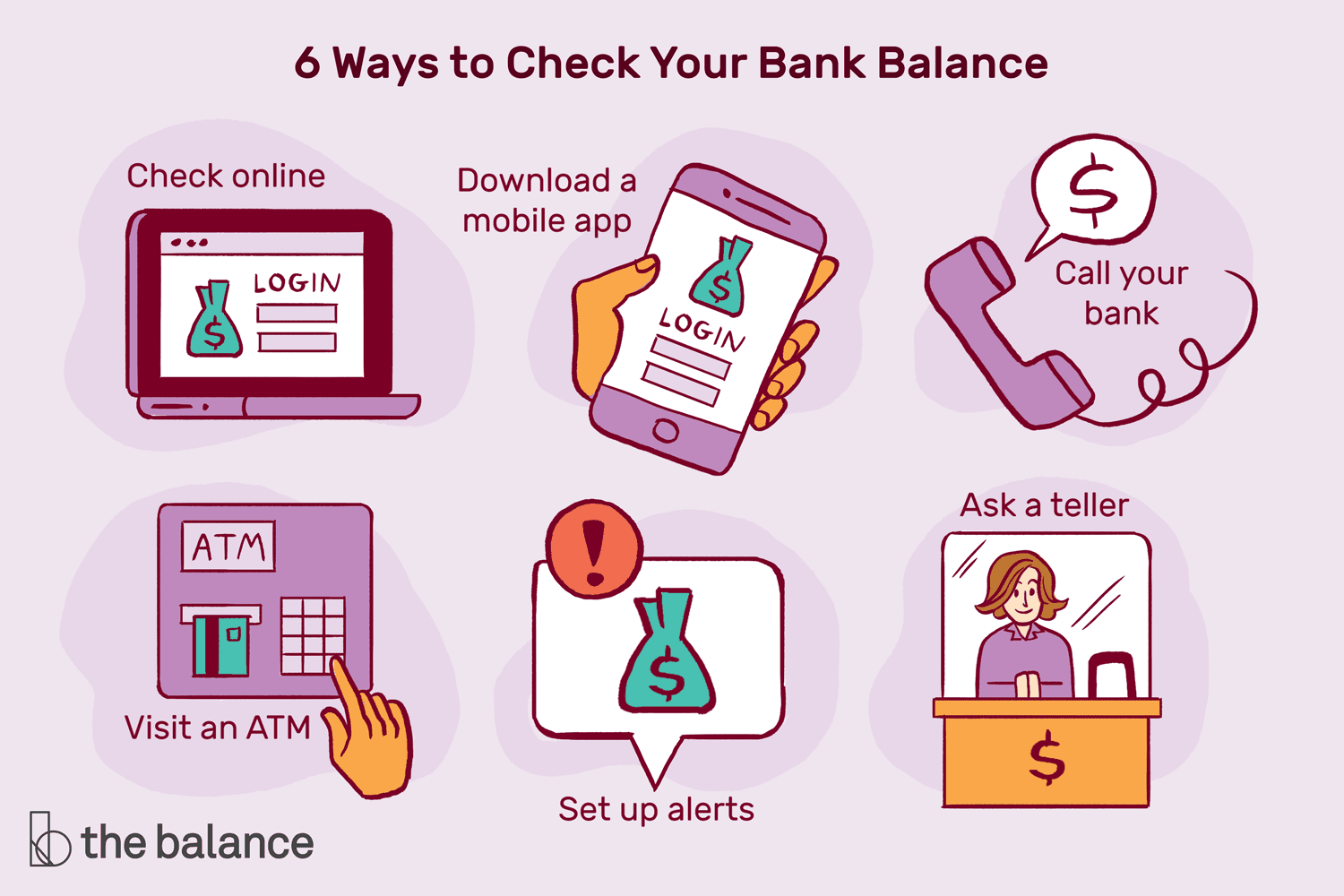 Image shows images of a computer, phone, atm, phone, an alert sign, and a bank teller. Text reads: 6 Ways to Check Your Bank Balance. Check online, download a mobile app, call your bank, visit an ATM, set up alerts, and ask a teller.