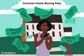 illustration of woman calculating home-buying fees. Text shows: "title insurance, survey fees, escrow fees, appraisal fees, pest/mold inspection fees, homeowner's insurance."