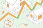 white, green, and orange illustration of houses, dollar bills, and a line graph