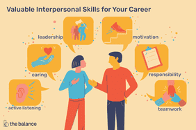 Image shows two people conversing. Text reads: "Valuable interpersonal kills for your career: active listening; caring; leadership; motivation; responsibility; teamwork"
