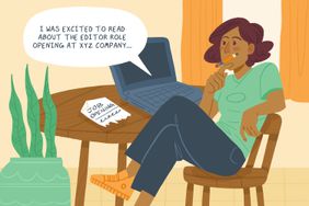 Young adult sitting at their computer brainstorming how to write a cover letter for an editing role. Speech bubble reads "I was excited to read about the editor role opening at XYZ company..."