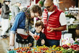 Family examining tomatoes while shopping at farmers market