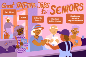 Image shows five older people at a coffee shop. Text reads: "Great part-time jobs for seniors: pet sitter; tutor; athletic coach; medical biller/coder; customer service representative"