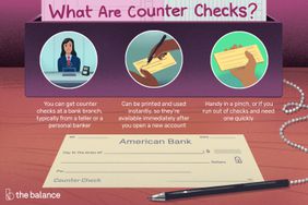 Image shows a counter-check and a pen on a string sitting on a wooden table. The images above show a bank teller, a hand filling out a check, and someone holding the check. Text reads: "What are counter checks? You can get counter checks at a bank branch, typically from a teller or a personal banker. Can be printed and used instantly, so they're available immediately after you open a new account. Handy in a pinch, or if you run out of checks and need one quickly"