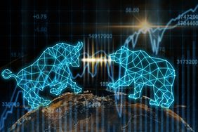 Futuristic illustration of a bull and a bear facing off on a globe representing the stock market