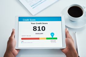 A person holding a tablet with an "excellent" credit score displayed