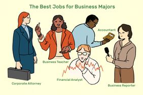 Image shows five people in various jobs. Text reads: "Best jobs for business majors: corporate attorney; business teacher; financial analyst; accountant; business reporter"