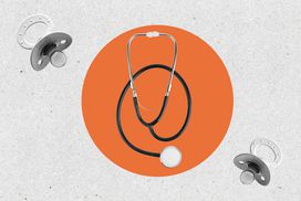 An illustration shows an orange circle on a grainy background. Within the circle is a stethoscope and without the circle are two baby pacifiers.