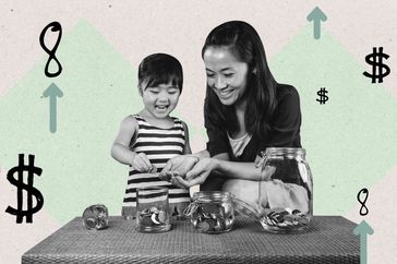 A woman and child sort change into containers. Arrows are around them in the background, pointing up with the $8 figure.