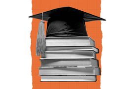Illustration of a stack of books and graduation cap