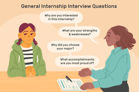 Image shows a woman interviewing another woman for an internship. Text reads: "General internship interview questions: why are you interested in this internship; why are your strengths and weaknesses; why did you choose your major; what accomplishments are you most proud of"