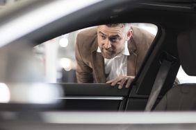 Person in brown suit sticking head through car window