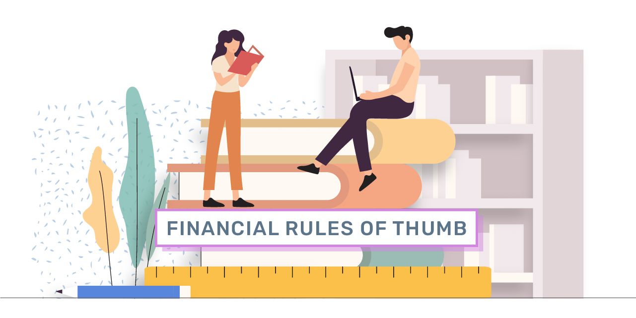 graphic showing two people on top of stack of books with a ruler and pencil. the words "financial rules of thumb" are in the middle