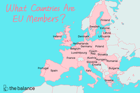 A map of Europe with EU member countries in pink. Text reads: "What countries are EU Members?