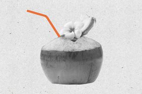 Illustration of a coconut with a straw in it 