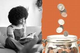 A woman sits and reads a book on the left. On the right money flows into a jar. 