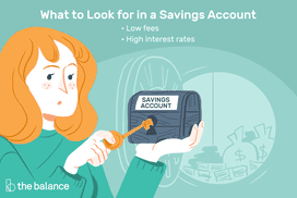 Image shows a woman opening a locked chest with a key, and the chest reads "savings account." Behind her is a bank vault. Text reads: "What to look for in a savings account: low fees, high interest rates"