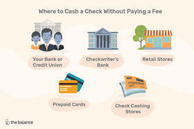 Text reads: Where to Cash a Check Without Paying a Fee. Your bank or credit union, checkwriter's bank, retail stores, prepaid cards, and check cashing stores.
