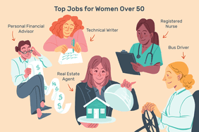 Image shows five women working the following roles: personal financial advisor, technical writer; real estate agent; registered nurse; bus driver. Text reads: "Top jobs for women over 50"