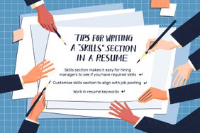 Illustration of hands writing on paper depicting a resume