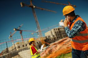 Municipal construction worker speaks on smartphone at job site