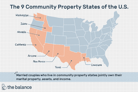 The 9 Community Property States of the U.S.: Washington, Idaho, Nevada, California, Arizona, New Mexico, Texas and Louisiana. Married couples who live in community property states jointly own their marital property, assets, and income.