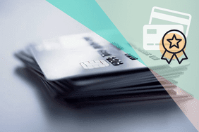 credit cards in a stack with graphic overlay and winner's ribbon icon