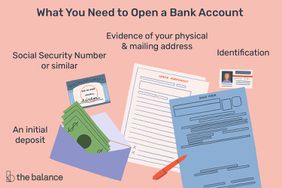Image of what you need to open a bank account, including a social security card, cash deposit, forms filled out and ID.