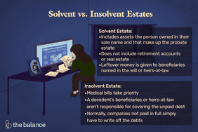 A person sitting in a dimly lit room, at a desk with a computer and a photo of a loved one, looking at past due bills, illustrating a headline that reads, "Solvent vs Insolvent Estates."